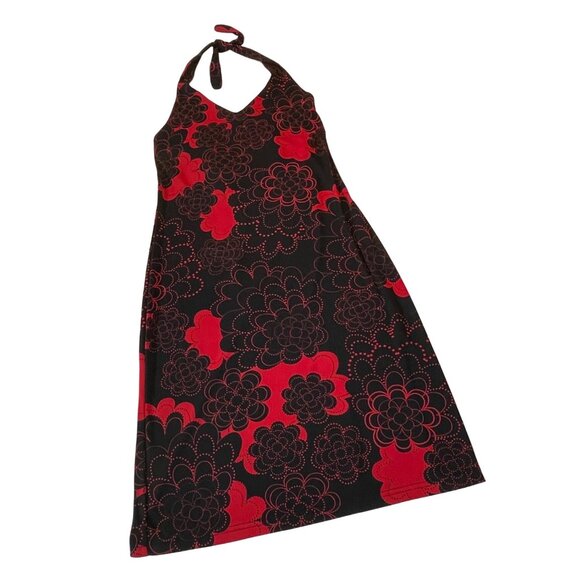 Vintage Mossimo Halter Dress In Red & Black Floral Print XS 100% Polyester - Picture 7 of 7